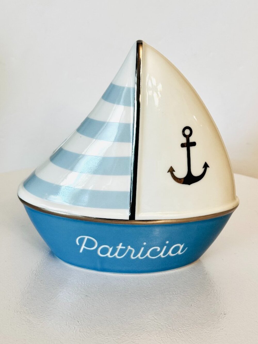 Mark & Graham Light Blue Sailboat Porcelain Piggy Bank Engraved Personalized